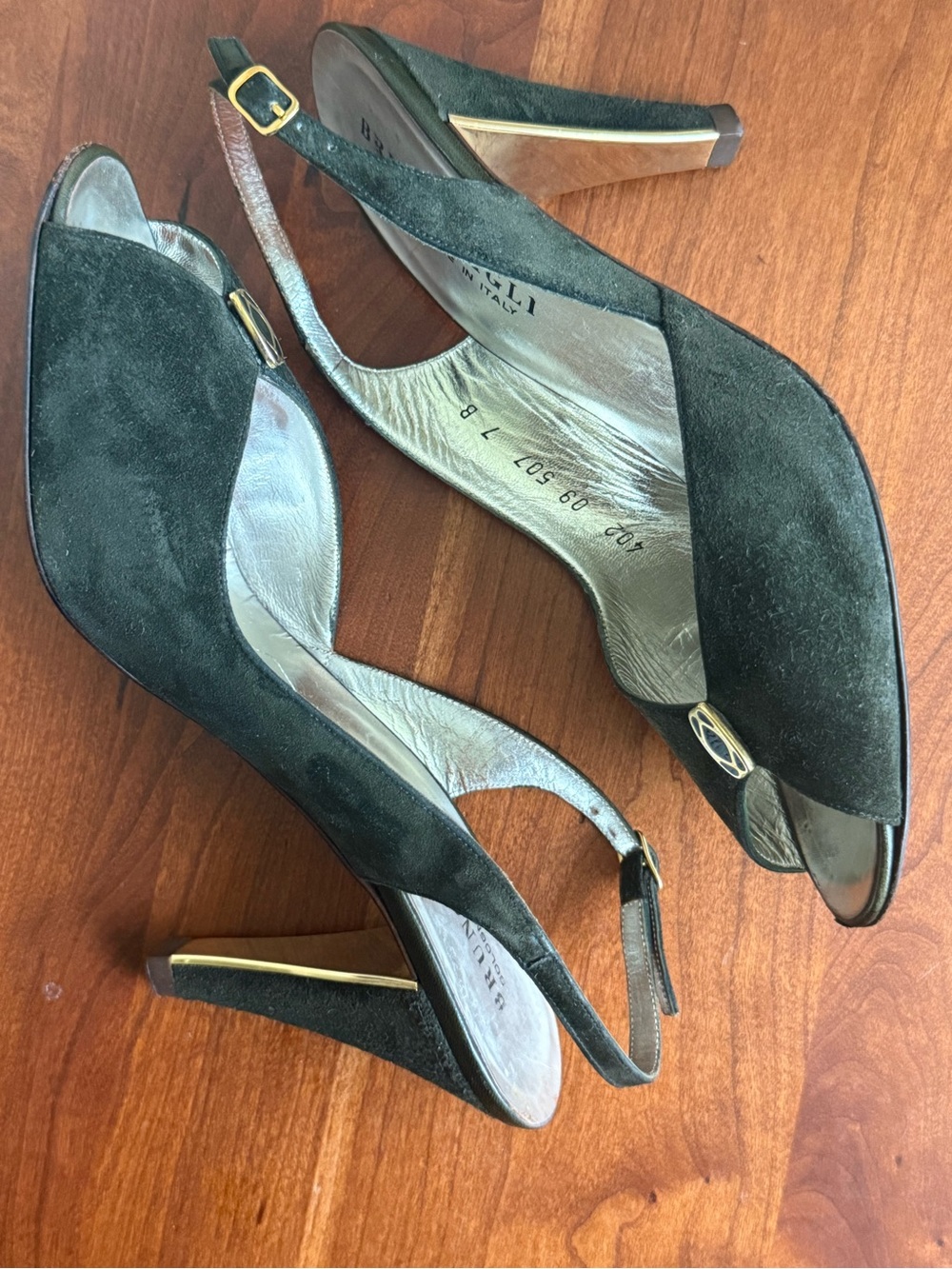 Bruno MAGLI 7B Dark Green Suede Slingback Heels with Gold Accents Vintage